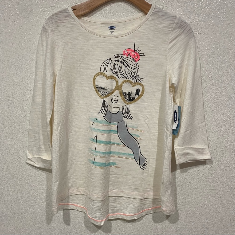 NWT Kids Old Navy Girls Cream New York Fashion Graphic Long Sleeve T-Shirt XL 14